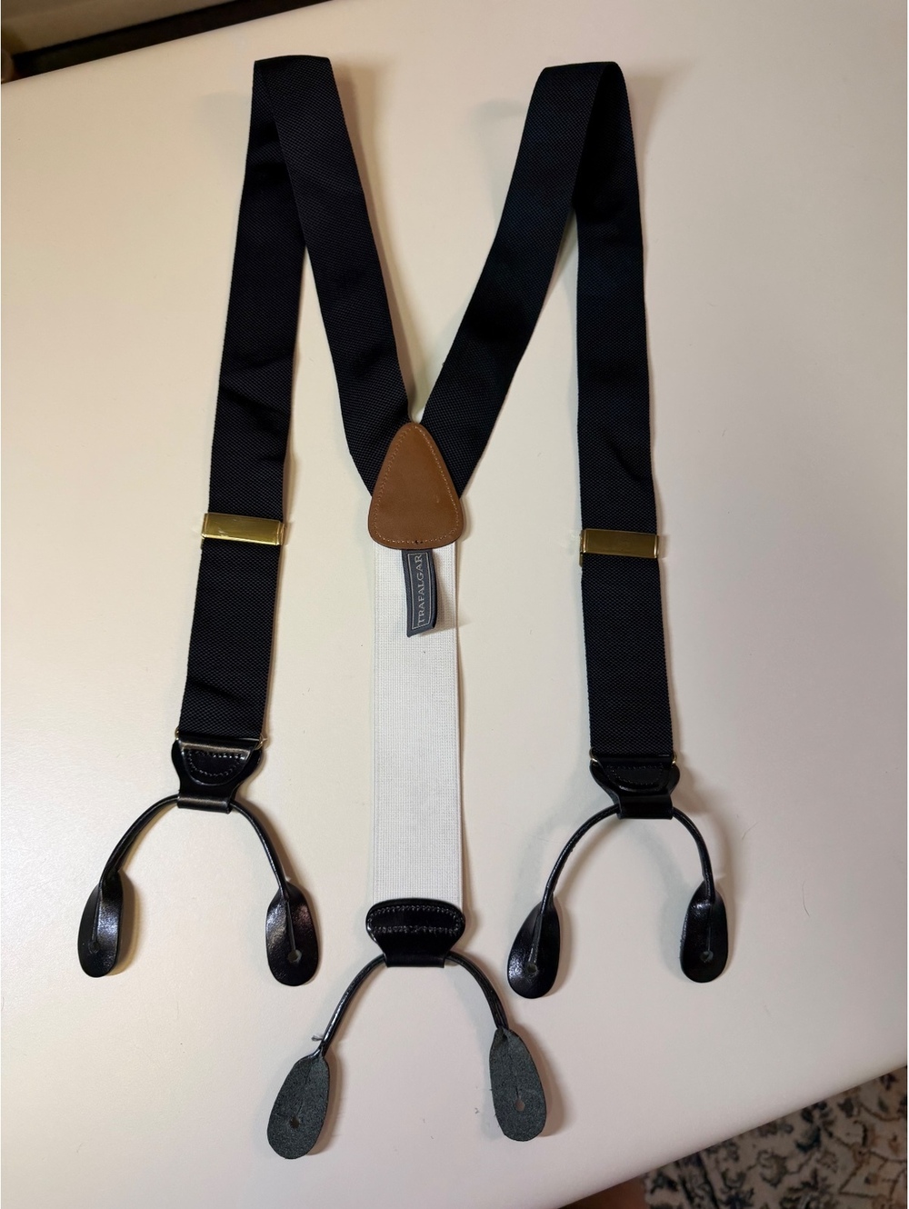 Vintage Trafalgar Black and White Suspenders with Leather Accents